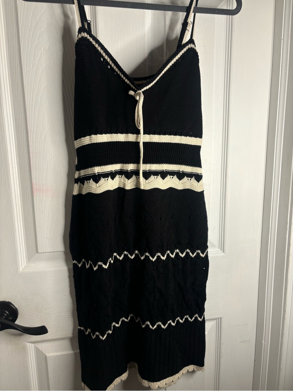 Black & Cream Knit Mini Dress with Striped Waist